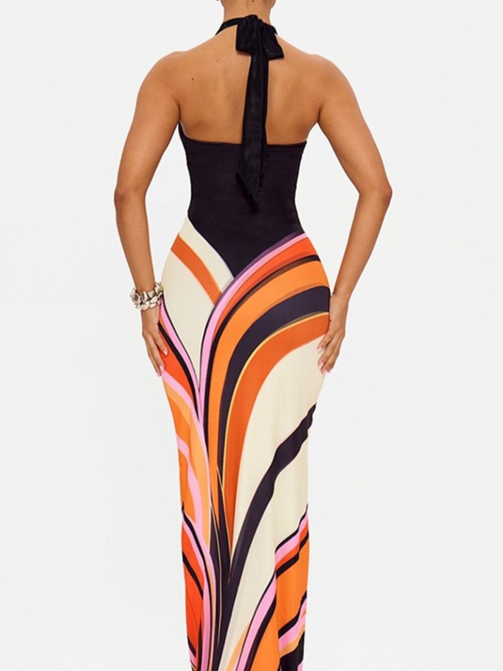 Multi Color Striped Sleeveless Halter Maxi Mermaid Dress - Picture 3 of 7